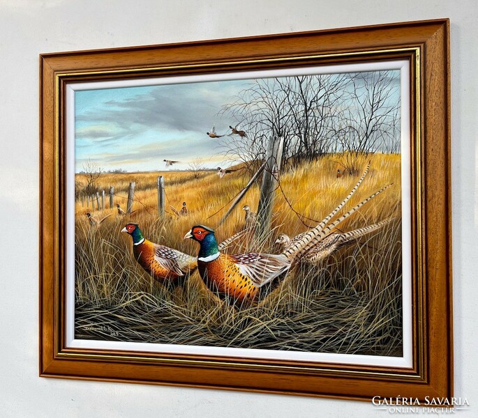 Dabronak pheasants on the hillside, framed in oil on canvas, 62x52cm