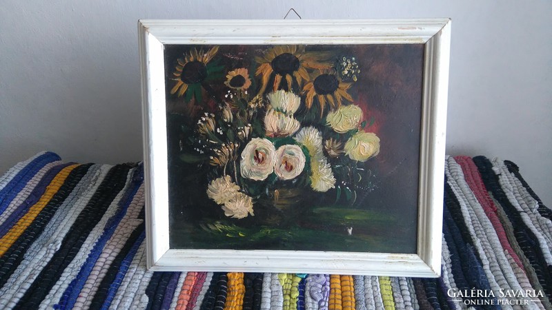 Floral oil painting with dark toned wooden frame for sale!