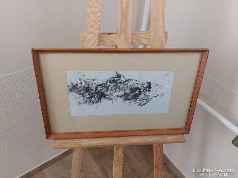 (K) signed battle scene graphic with 54x33 cm frame