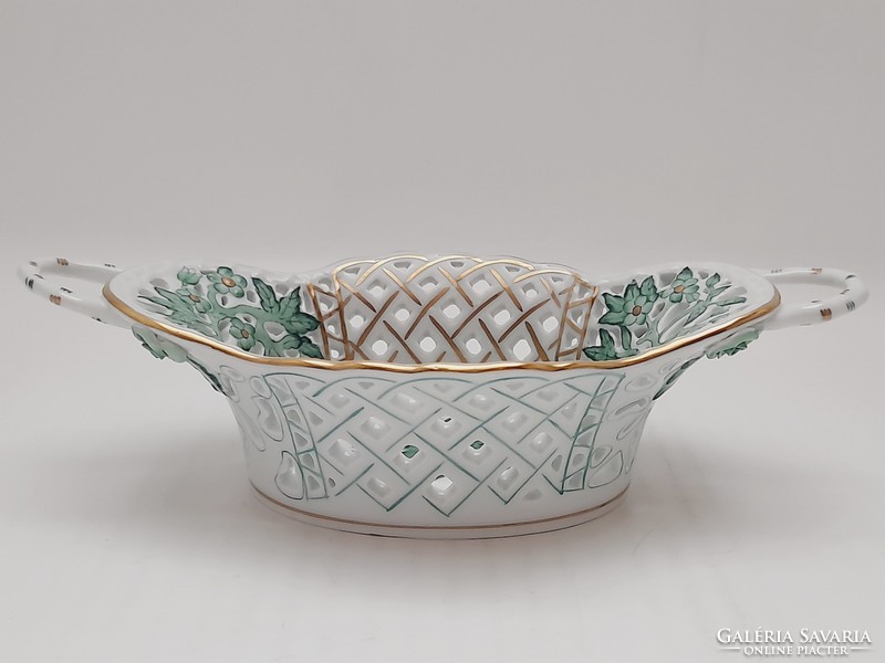 Herend green appony pattern openwork basket, 19.3 x 10 x 5 cm