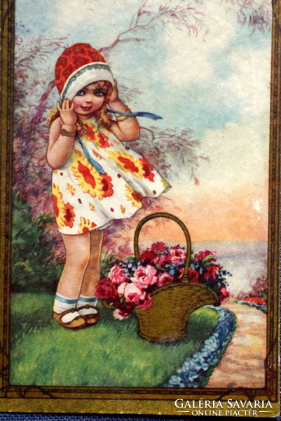 Old degami colombo? Graphic greeting card - little girl rose basket