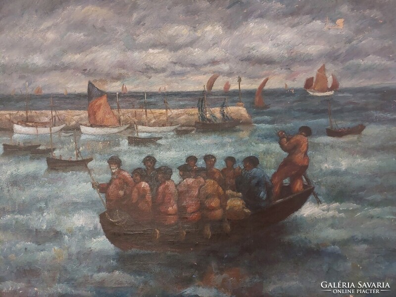 (K) painting by József Haranglábí Nemes Crowded Boat at Sea 80x65 cm