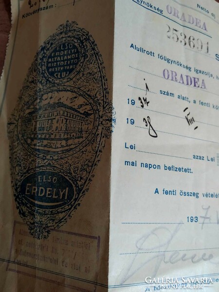 2 First Transylvanian General Insurance Co. Nagyvárad (Oradea) fee receipt in one, 1936 and 1937