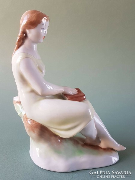 Zsolnay shield seal porcelain figure - girl holding a book