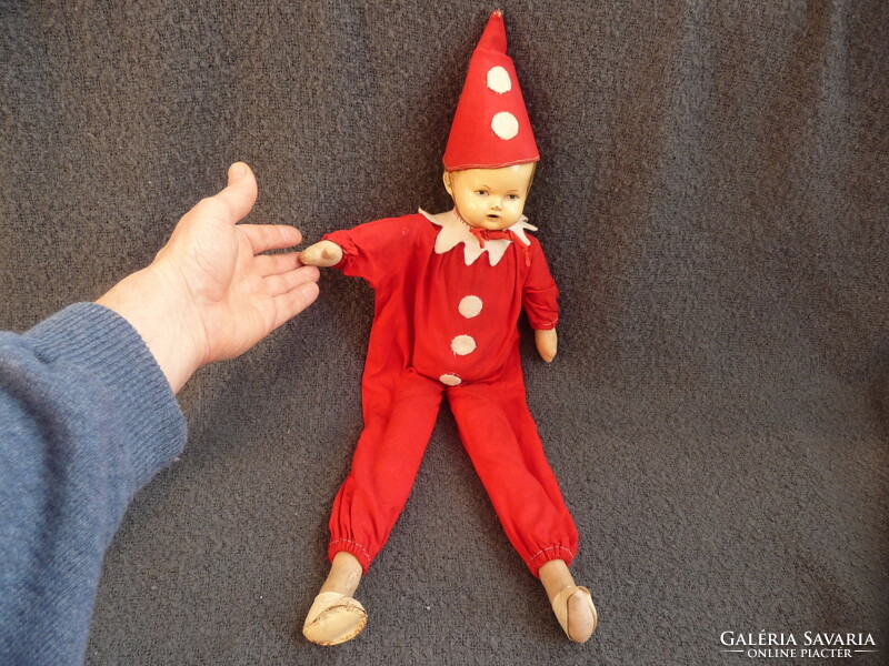 Old children's toy clown figure, 30s antique toy clown doll in unique clothes