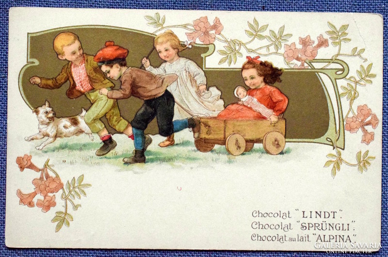 Antik szecessziós grafikus litho képeslap - játszó gyerekek / LINDT csokoládéreklám