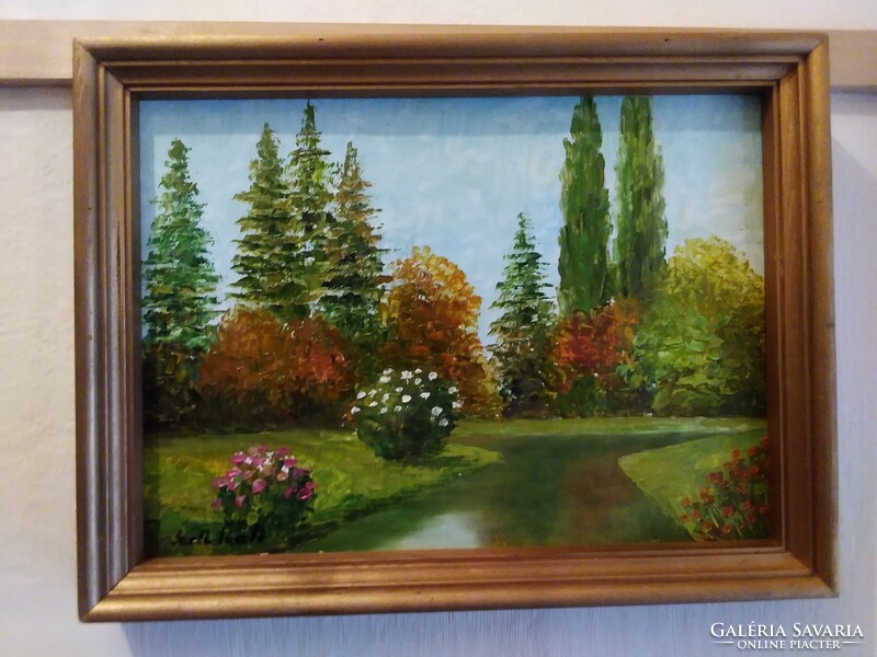 Szabó László. Kortárs festmény. Arborétum. 23x32 cm.