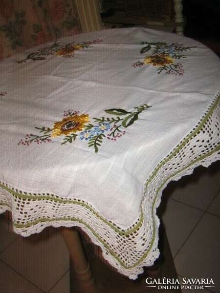 Beautiful vintage floral hand crocheted embroidered tablecloth