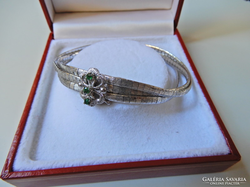 Old 3-row silver bracelet with emerald stones