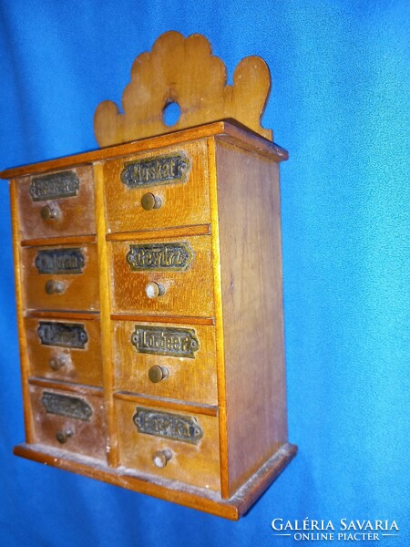 Antique 8-drawer wall-mounted wooden spice cabinet teak in German copper plates copper buttons