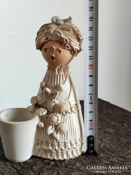 Retro applied art ceramic girl with a flower stand with a richly detailed floral no.I mark.