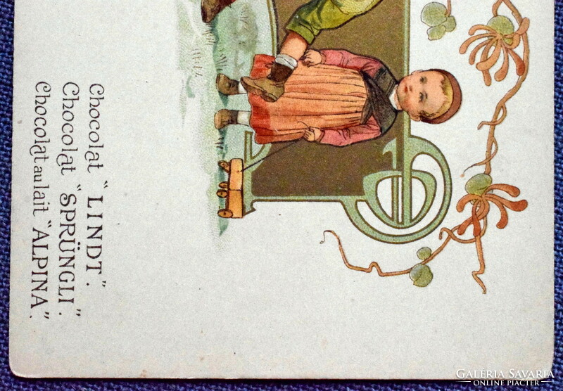 Antik szecessziós grafikus litho képeslap - verekedő gyerekek / LINDT csokoládéreklám