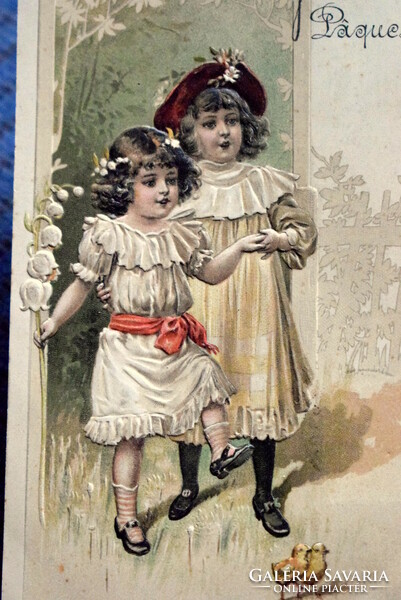 Antique embossed Easter greeting litho postcard - little girls, chicks