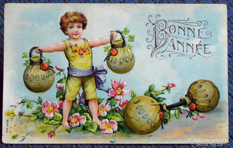 Antique embossed New Year litho postcard - weightlifting boy money bag