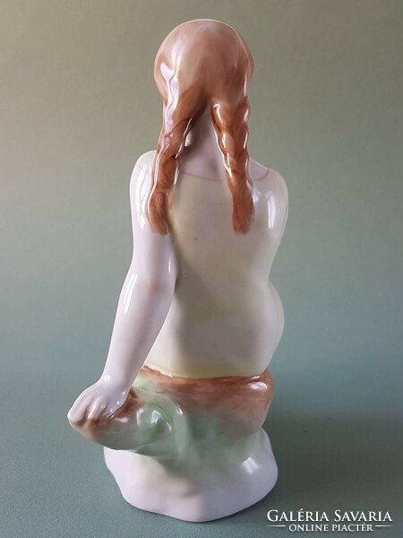 Zsolnay shield seal porcelain figure - girl holding a book