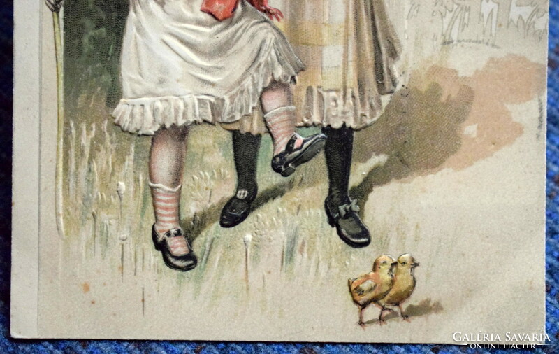 Antique embossed Easter greeting litho postcard - little girls, chicks