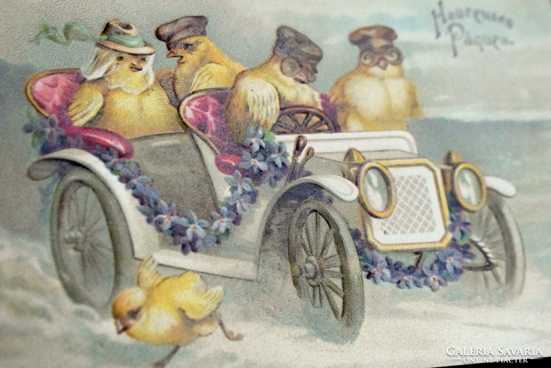 Antique embossed Easter greeting litho postcard - chicks automobile, near accident