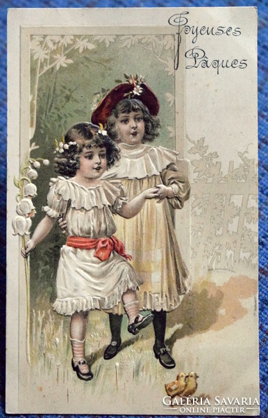 Antique embossed Easter greeting litho postcard - little girls, chicks