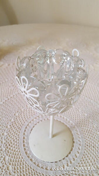 Openwork tealight holder with a tall stem, with a thick glass insert