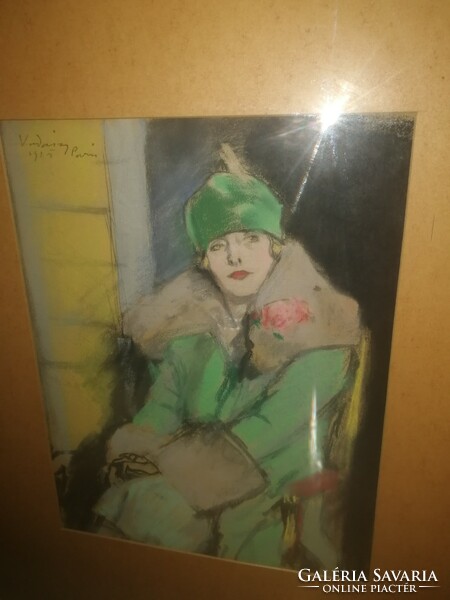Vadász Miklós (1884-1927):Art-deco hölgy portré, Párizs, 1925. Gyönyörű, eredeti műtárgy.