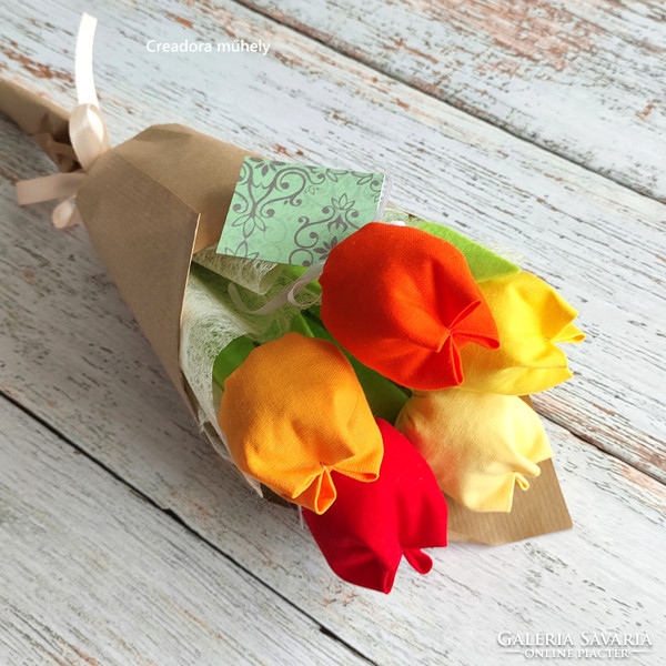 Textile bouquet of tulips, in natural packaging, with accompanying card, 5 pcs., eternal bouquet, flower bouquet