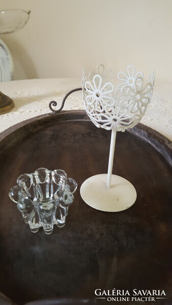 Openwork tealight holder with a tall stem, with a thick glass insert