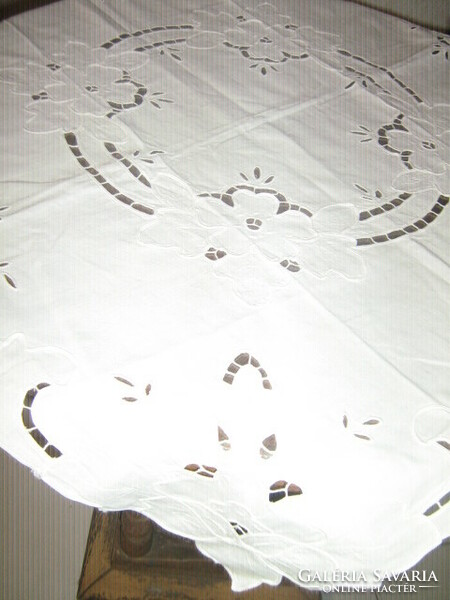 Beautiful vintage floral white rosette embroidered tablecloth