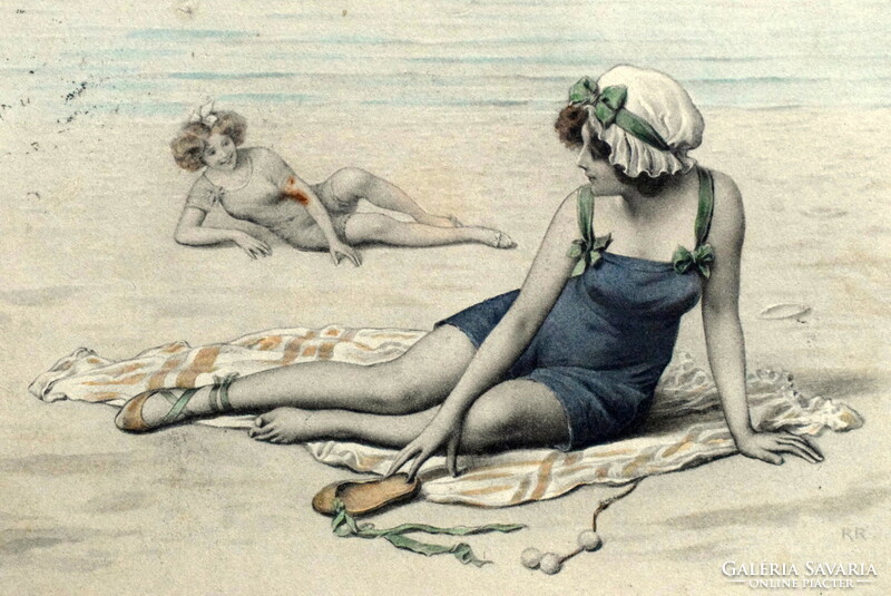 Antik Ritka M M Vienne színezett grafikus üdvözlő képeslap - fürdöző hölgyek