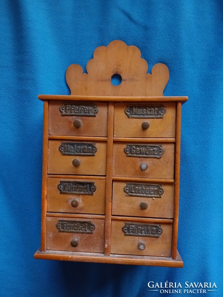 Antique 8-drawer wall-mounted wooden spice cabinet teak in German copper plates copper buttons