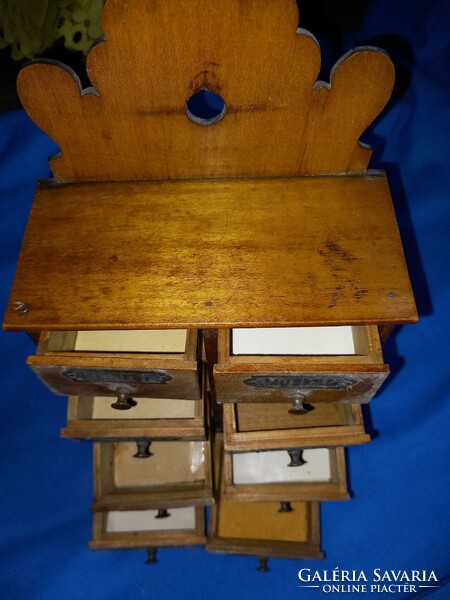 Antique 8-drawer wall-mounted wooden spice cabinet teak in German copper plates copper buttons