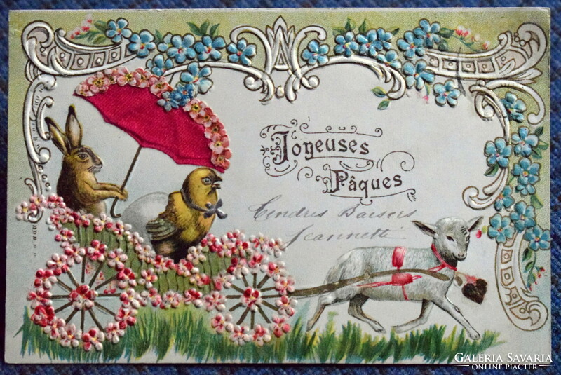 Antique embossed Easter postcard - lamb pulled flower tooth, rabbit, chick, silk umbrella