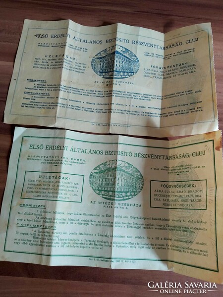 2 First Transylvanian General Insurance Co. Nagyvárad (Oradea) fee receipt in one, 1936 and 1937