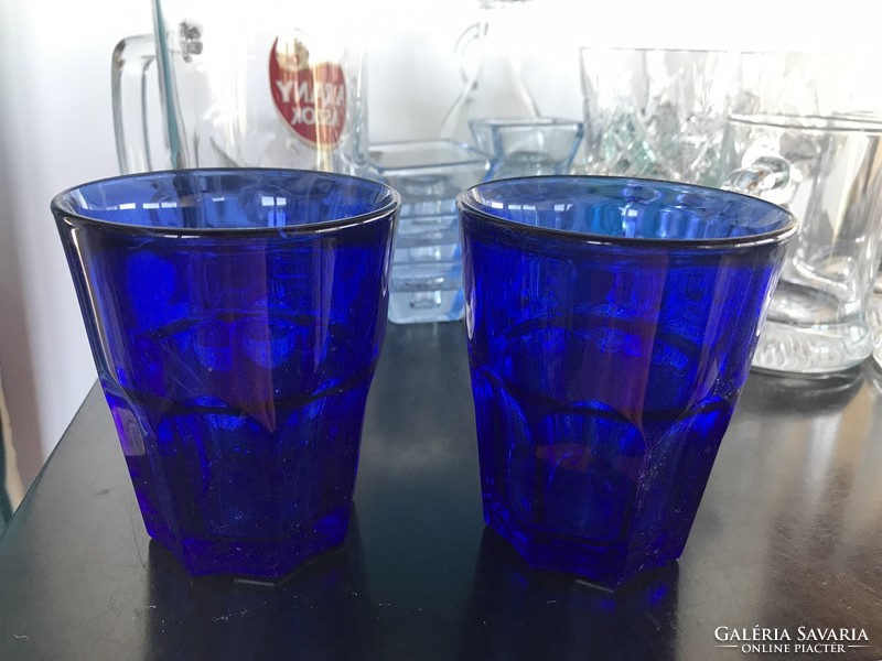 2 blue molded glass cups, water glasses