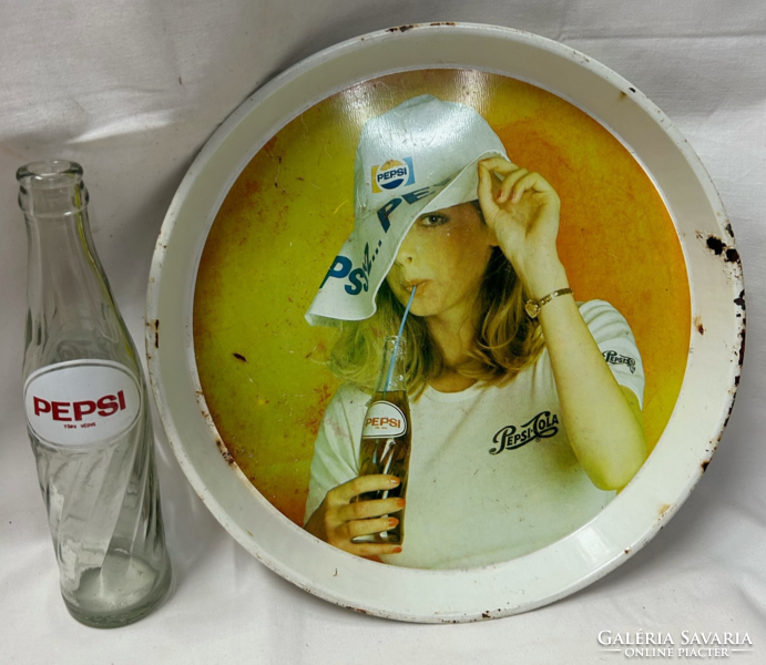 Retro Pepsi soft drink bottle and Pepsi metal advertising tray for sale together