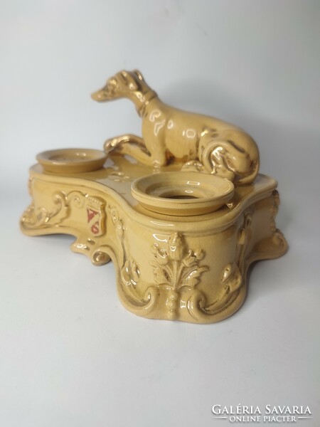 Antique Austrian anton tschinkel canine hard ceramic inkstand with crest calamari