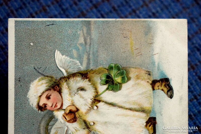 Antique embossed New Year greeting litho postcard - overturned automobile 4-leaf clover angel