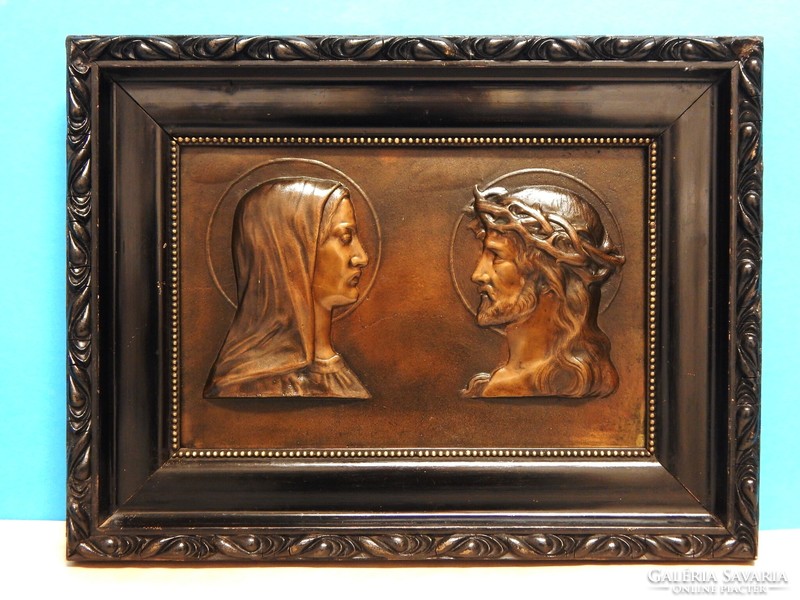 Mária Magdolna és Jézus bronz dombormű a XX. szd. első feléből keretben, kitűnő állapotban