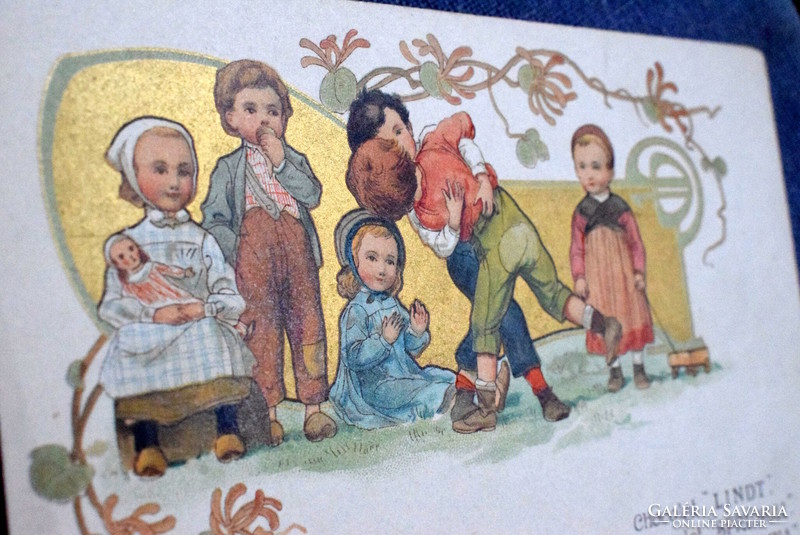 Antique art nouveau graphic litho postcard - fighting children / lindt chocolate advertisement