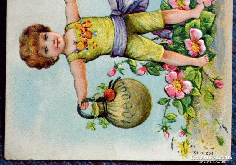 Antique embossed New Year litho postcard - weightlifting boy money bag