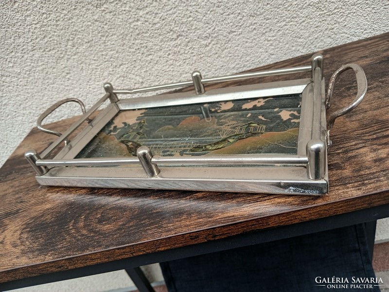 Art-deco French chrome tray with mother-of-pearl inlaid pattern. Negotiable.