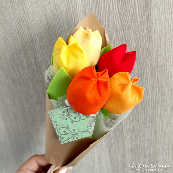 Textile bouquet of tulips, in natural packaging, with accompanying card, 5 pcs., eternal bouquet, flower bouquet