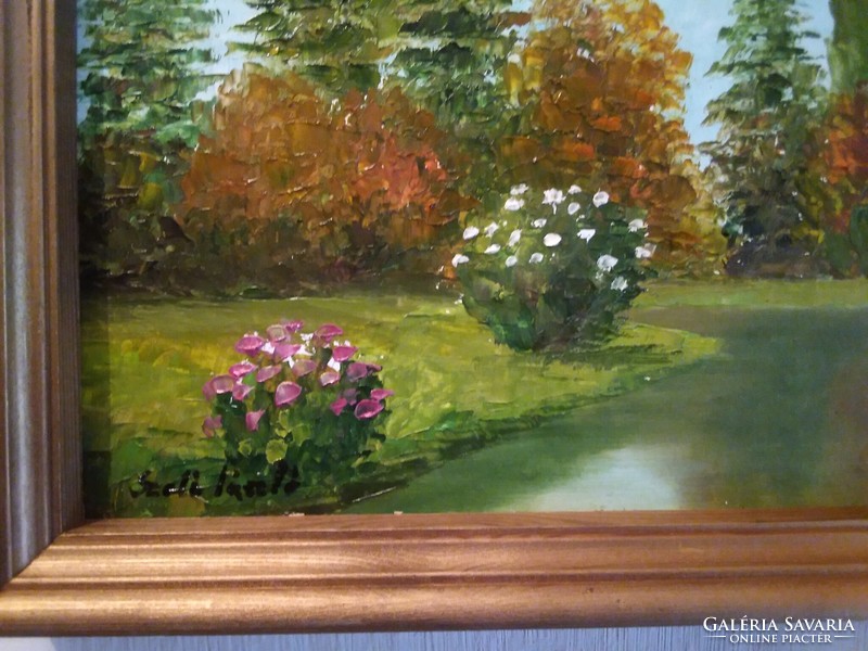 Szabó László. Kortárs festmény. Arborétum. 23x32 cm.