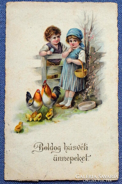 Old Easter graphic greeting litho postcard - little girl little boy chick, rooster, hen, egg