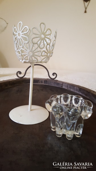 Openwork tealight holder with a tall stem, with a thick glass insert