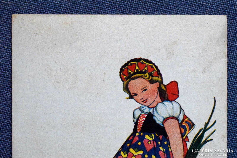 Régi Szilágyi G Ilona  Húsvéti  üdvözlő képeslap - kisleány magyaros ruhában  1936