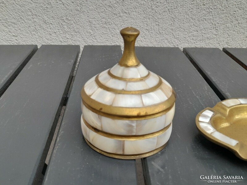 Beautiful copper jewelry box with inlaid shell shell and ash tray