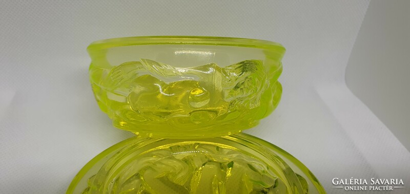 Uranium glass uranium-green bonbonier with an erotic scene