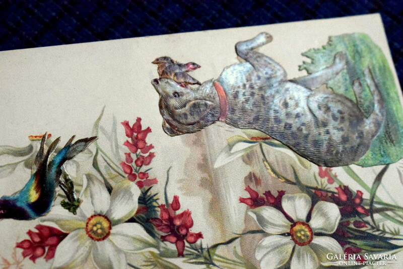 Antique genuine decoupage artist postcard guillot - daffodil, hunting dog, bird