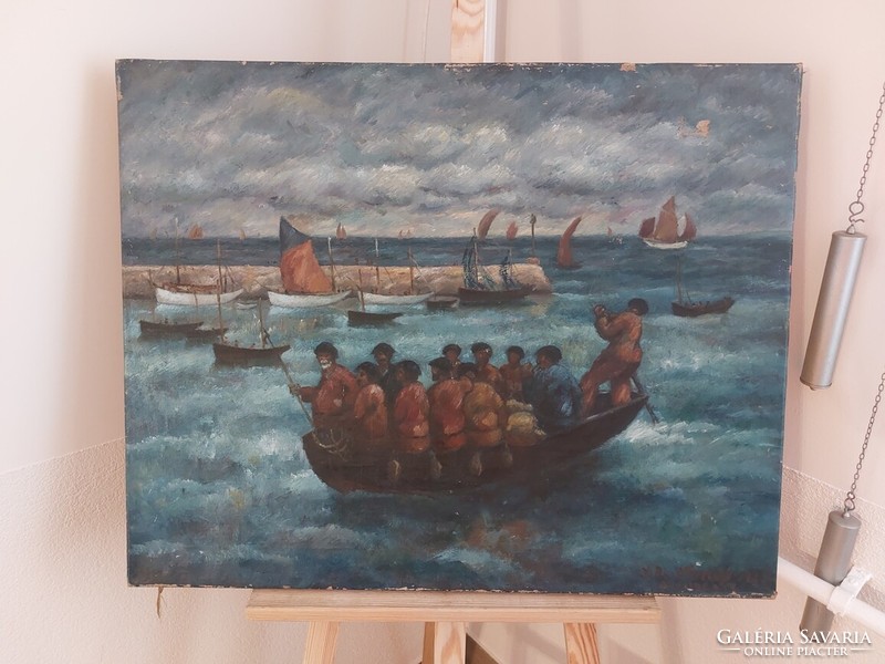 (K) painting by József Haranglábí Nemes Crowded Boat at Sea 80x65 cm