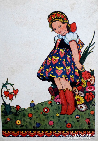 Old G ilona Easter greeting card from Szilágy - little girl in Hungarian dress 1936